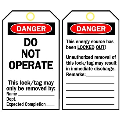 Lockout Tag, 3 in W x 5.75 in H, Danger Do Not Operate, Black/Red on White, Polyester