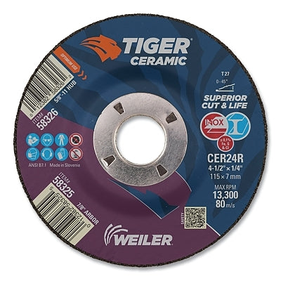 Tiger Grinding Wheel, 4-1/2 in dia x 1/4 in Thick x 7/8 in Arbor, 24 Grit, Ceramic Alumina, Type 27, 10 EA/BX