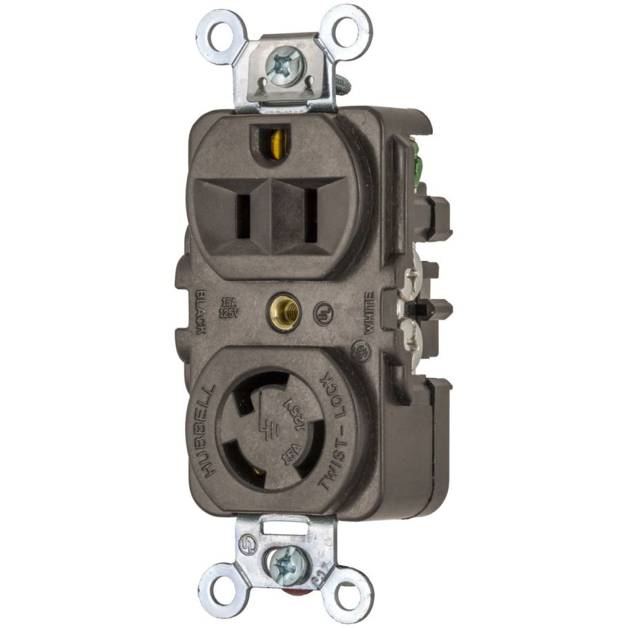 Combination Straight Blade/Locking Duplex Receptacle, 15A, 125V, NEMA 5-15R and NEMA L5-15R, 2P3W, Brown