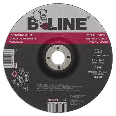 Depressed Center Grinding Wheel, 7 in dia, 1/4 in Thick, 7/8 in Arbor, 24 Grit