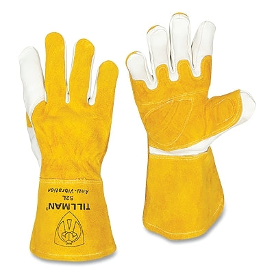 MIG Welding Gloves, 52, Goatskin/Split CH Palm/Split CH BOH/Cuff, Lg, Bourbon Brn/Pearl, 4 in Shirred Cuff