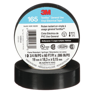 3M 076308-92568 Temflex Vinyl Electrical Tape 165, 60 ft x 3/4 in, Black