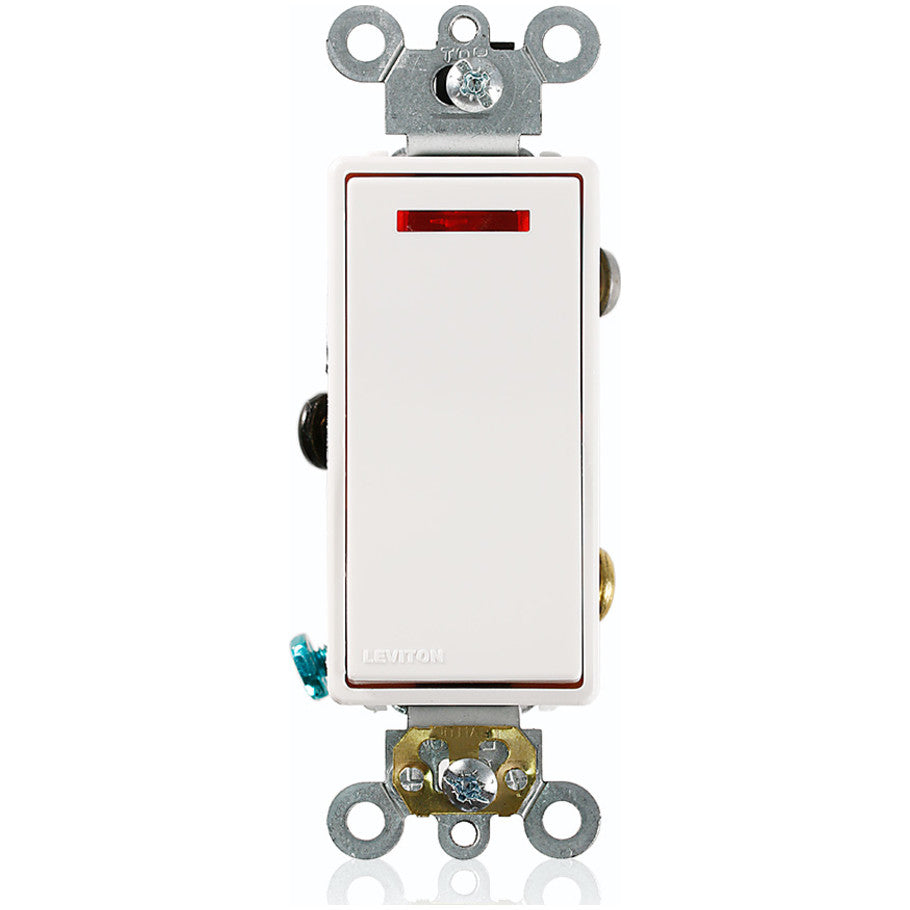Decora Plus Rocker AC Quiet Switch, Pilot Light, 1-Pole, 20A, 120V, Illuminated ON, Self-Grounding, Back and Side Wired, White