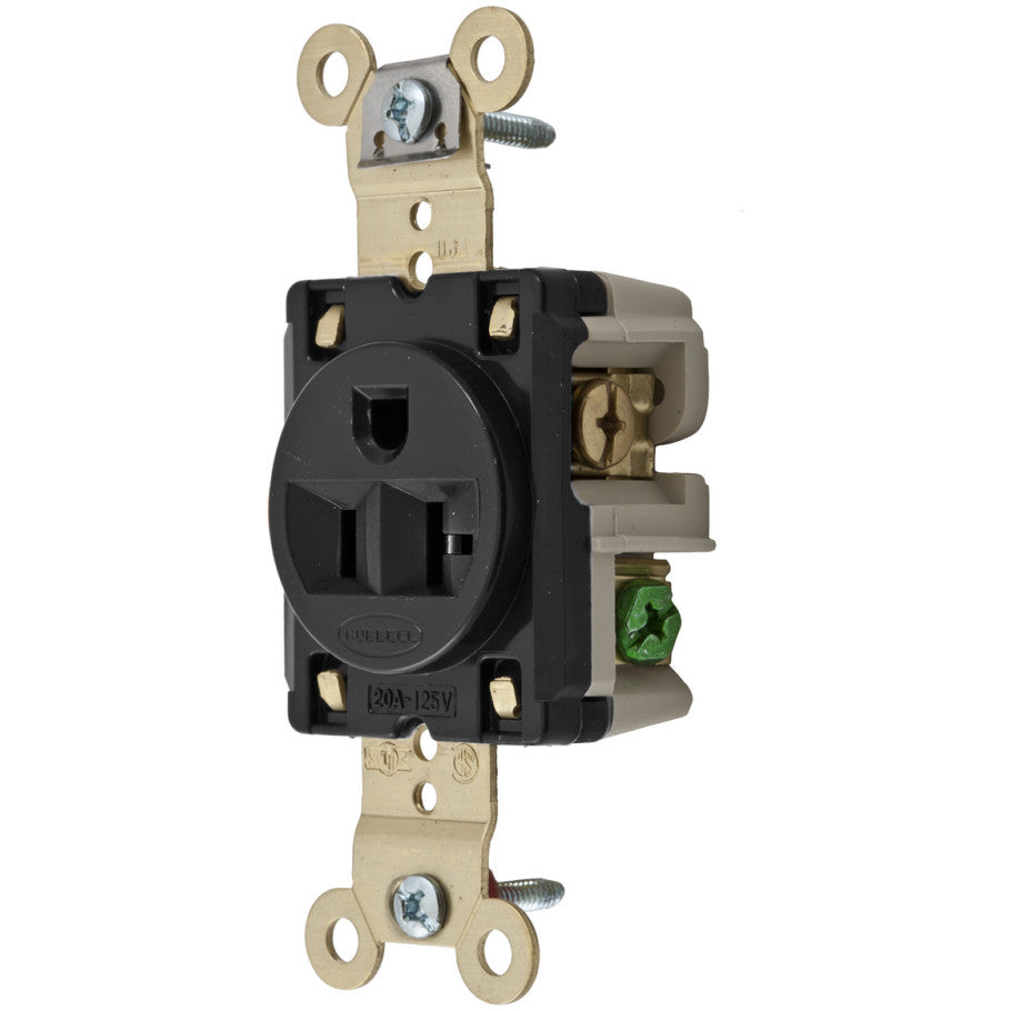HBL Straight Blade Receptacle, Single, Extra Heavy Duty, 20A, 125V, 2P3W, Black