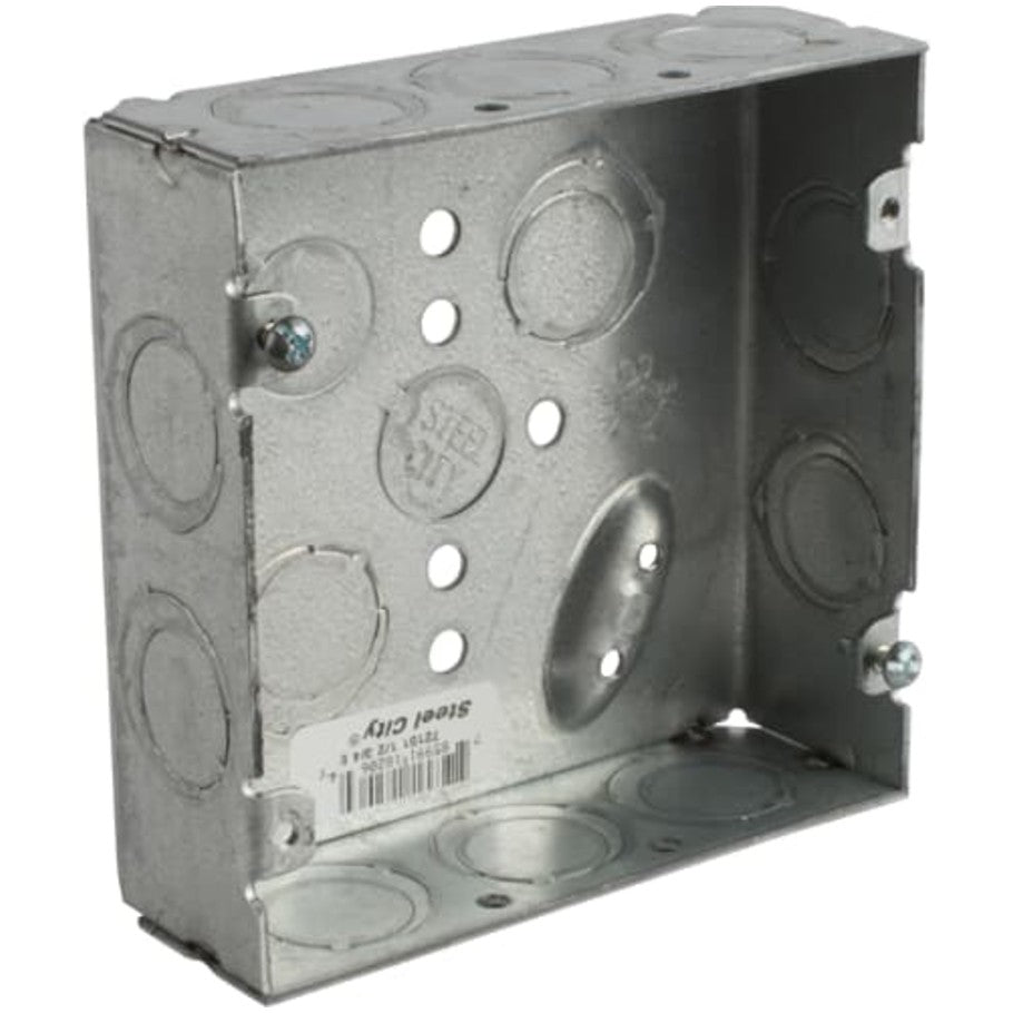 4-11/16 in. Square Box, Steel, Welded, 1-1/2 in. D, (10) 1/2 3/4 in. E Side KO, (2) 1/2 3/4 in. E   (4) 1/2 in. Bottom KO