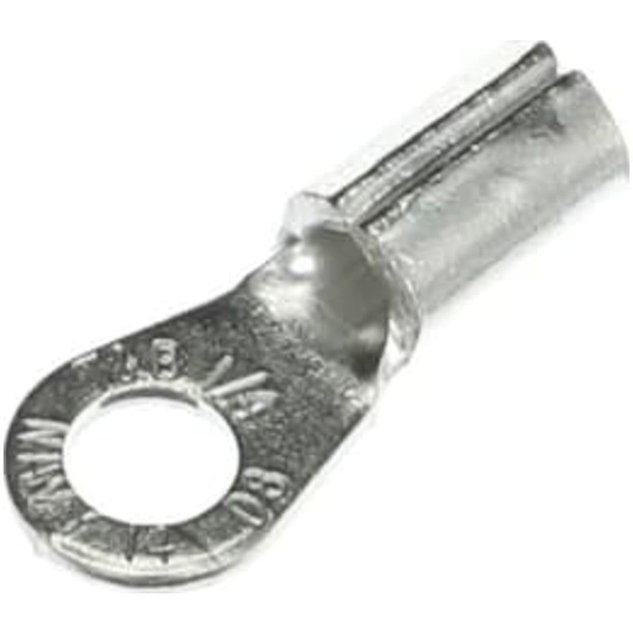 Non-Insulated Large Brazed Seam Ring Terminal, Length 1.13 Inches, Bolt Hole 1/4 Inch, Wire Range  8 AWG, Copper