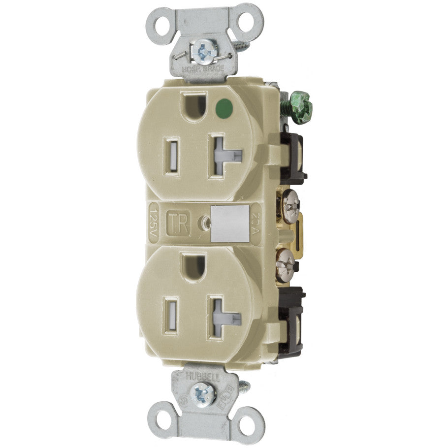 Hubbell-Pro Duplex Receptacle, Hospital Grade, Tamper-Resistant, 20A, 125V, 2P3W, Smooth Circuit ID Face, Ivory