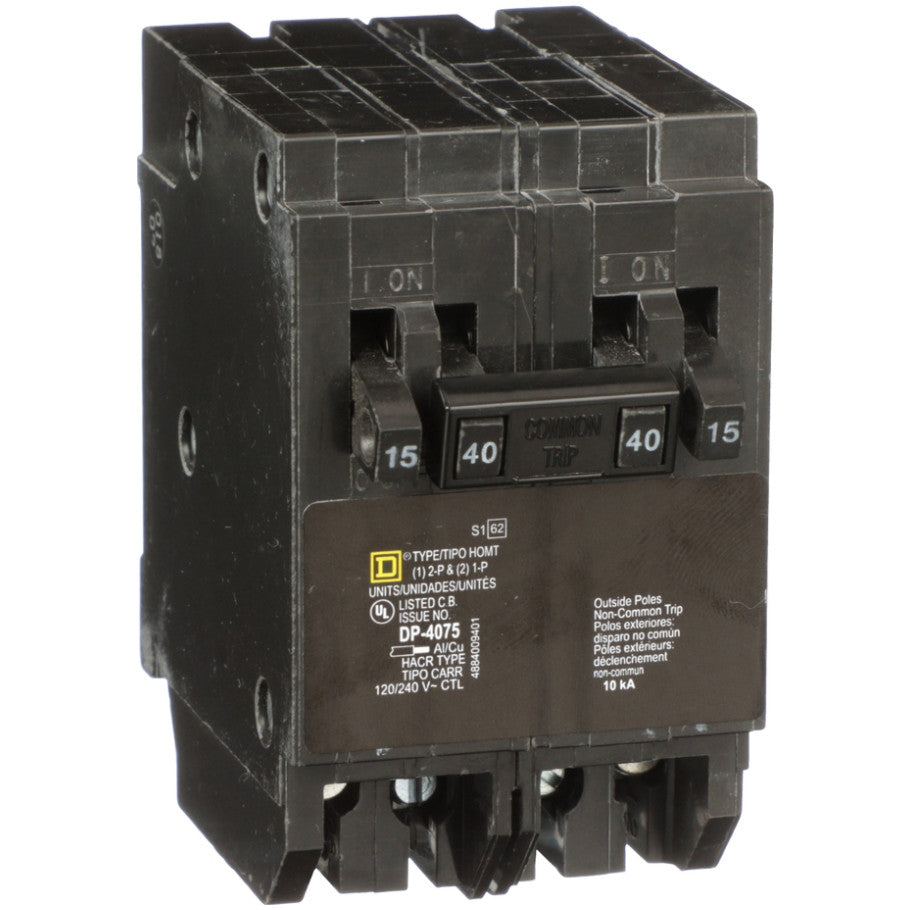 Homeline Quad Tandem Circuit Breaker, Plug-In, 10kA, 120/240 Vac, (2) 1-Pole 15A, (1) 2-Pole 40A