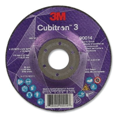 3M 638060-90014 Cubitron 3 Cut and Grind Wheel, 4-1/2 in dia x 5/32 in Thick x 7/8 in Arbor, 36+ Grit, T27