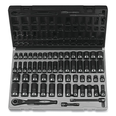Duo-Socket Impact Socket Set, 3/8 in Dr, 12-pt, Deep/Std, Incl (24) SAE/(32) Metric SKTs/Ratchet/Exts/Case, 59 Pc