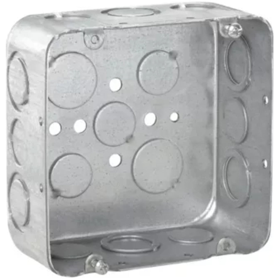4-11/16 in. Square Box, Steel, Drawn, 2-1/8 in. D, (6) 1/2   (6) 1/2 3/4 in. C Side KO, (3) 1/2   (2) 3/4 in. Bottom KO