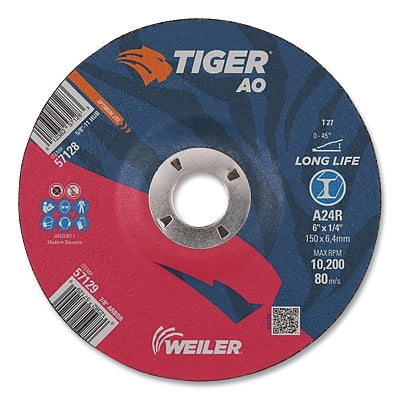 Tiger AO Grinding Wheel, 6 in dia x 1/4 in Thick, 7/8 in Arbor, A24R, Type 27