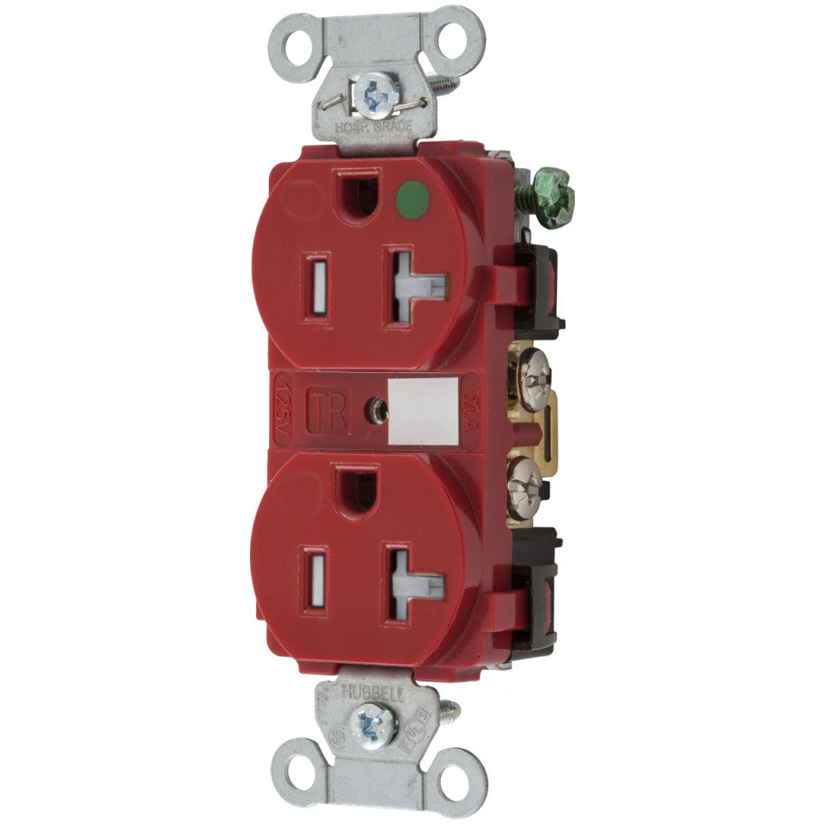 Hubbell-Pro Duplex Receptacle, Hospital Grade, Tamper-Resistant, 20A, 125V, 2P3W, Smooth Circuit ID Face, Red