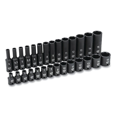 Impact Socket Set, 1/4 in Dr, 6-point, Metric, 4 mm to 15 mm, 28-Pc Deep/Standard Lengths, Incl Blow Mold Case
