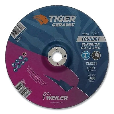 Tiger Grinding Wheel, 9 in dia x 1/4 in Thick x 7/8 in Arbor, 30 Grit, Ceramic Alumina, Type 27, 10 EA/BX