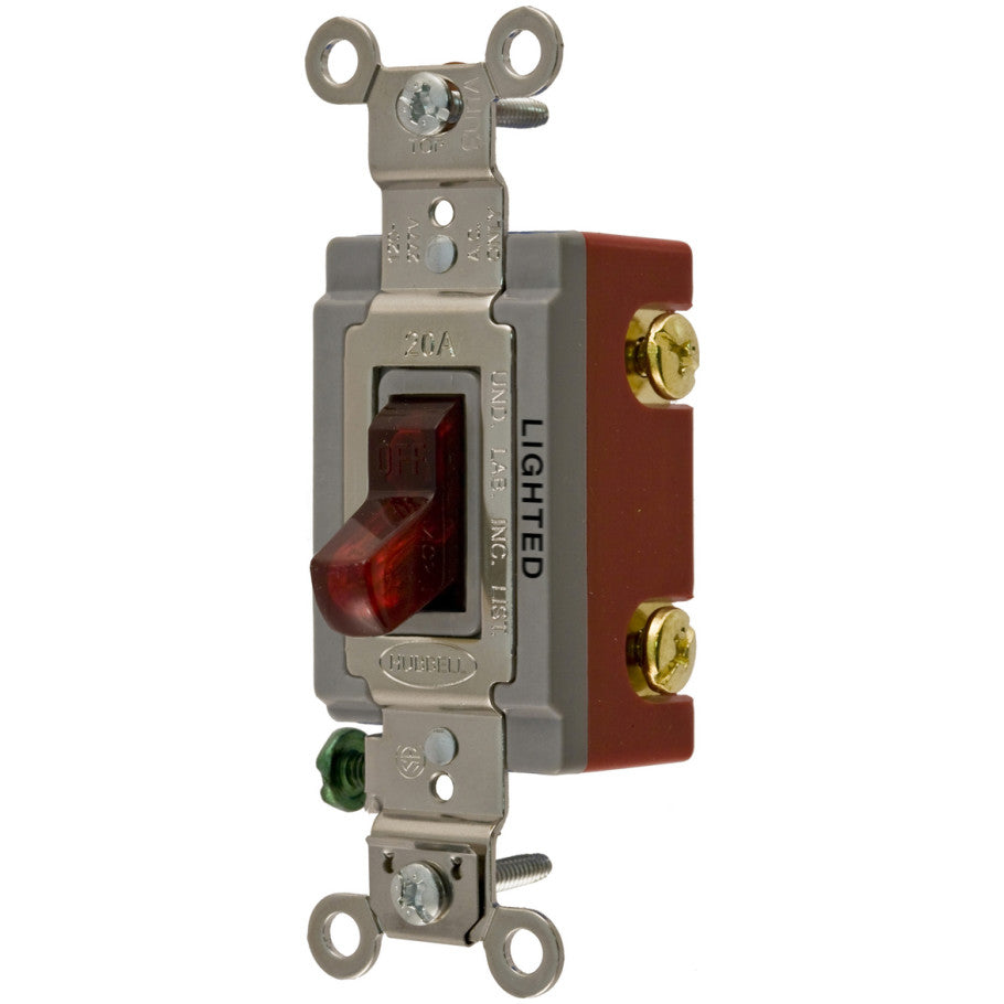 HBL 20A 120/277V 1-Pole Extra Heavy Duty Industrial Series Illuminated Toggle Switch, Red