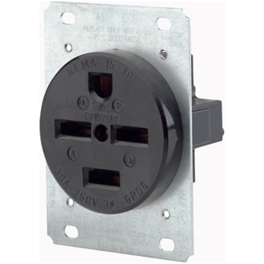 Straight Blade Single Receptacle, Flush-Mount, 30A, 3-Phase Y 250V, 3P4W, NEMA 15-30R, Side Wired, Black