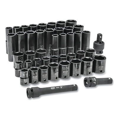 Impact Socket Set, 1/4 in, 3/8 in, 1/2 in Dr, 6-point, SAE/Metric, 1 in to 24 mm, 44-Pc Deep/Standard Lengths