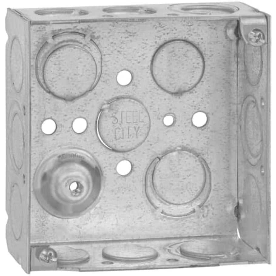 Electrical Box, Steel 4 Square, (17)1/2 and 3/4 Standard/E Knockouts, Ground Bump, 1-1/2 in. Deep