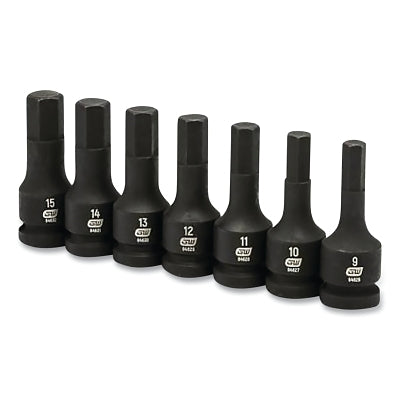 Impact Socket Set, 1/2 in Dr, 6-point, SAE, 9 mm to 15 mm, 7-Pc Hex Bit, Incl Metal Rail