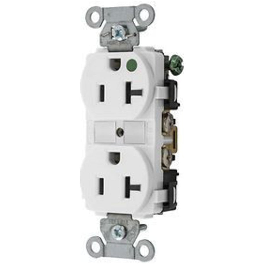 Hubbell-PRO Duplex Receptacle, Hospital Grade, 20A, 125V, 2P3W, Smooth Circuit ID Face, Back and Side Wired, White