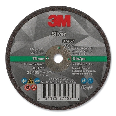 3M 051125-87457 Silver Cut-Off Wheel, Precision Shaped Ceramic, 3 in dia, 0.25 in arbor, 60 Grit, Center Hole Mounting