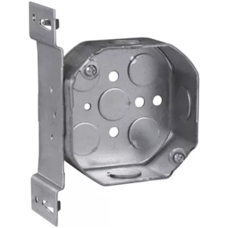 Octagon 4in. Dia. Outlet Box, Steel, Fixture Rated, 1-1/2 in. D, (3)1/2 in. Side KO, (5)1/2 in. Bottom KO, S Bracket-Set 1/2 in.