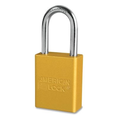 Anodized Aluminum Safety Padlock, 1/4 in dia, 1-1/2 in L, 25/32 in W, Yellow, Keyed Different