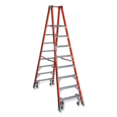 Platform Ladder, PT7408-4C, Twin Platform, Type IA, 8 ft L, 14 ft Reach, 300 lb Load Capacity, w/Casters, Fiberglass, Orange