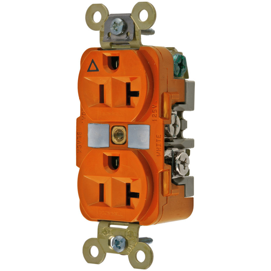 HBL Isolated Ground Duplex Receptacle, Extra Heavy Duty Specification Grade, 20A, 125V, 2P3W, Orange