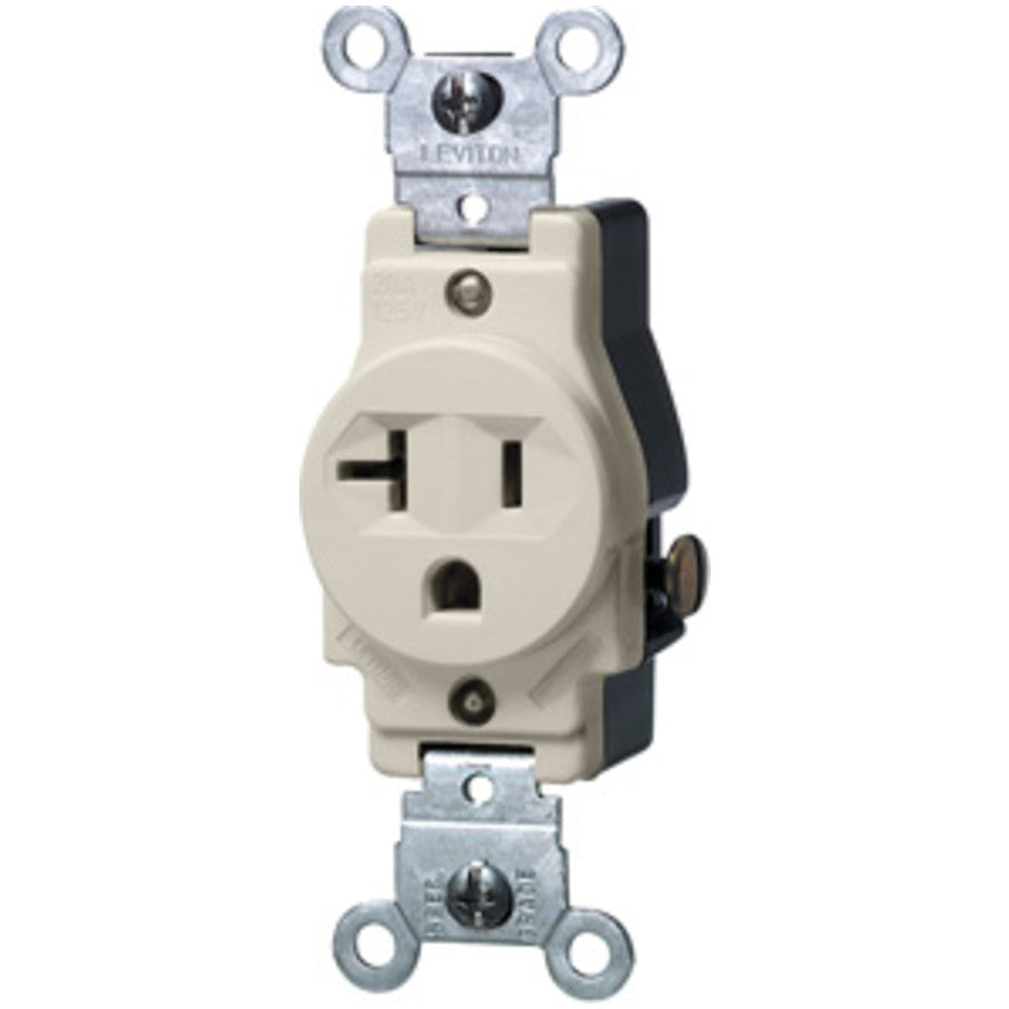 Commercial Grade Straight Blade Single Receptacle, 20A, 125V, 2P3W, NEMA 5-20R, Narrow Body, Side Wired, Light Almond