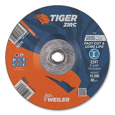 Tiger Grinding Wheel, 6 in dia x 1/4 in Thick x 5/8 in-11 Arbor, 24 Grit, Zirconia Alumina/Ceramic, Type 27, 10 EA/BX