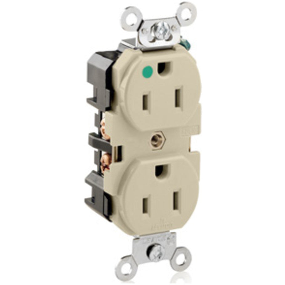 Duplex Receptacle, Extra Heavy Duty Hospital Grade, 15A, 125V, 2P3W, NEMA 5-15R, Self-Grounding, Ivory