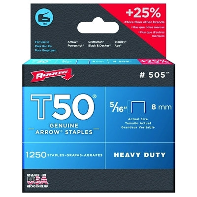 T50 Type Staple, #505, 5/16 in L x 3/8 in W, 1,250/PK