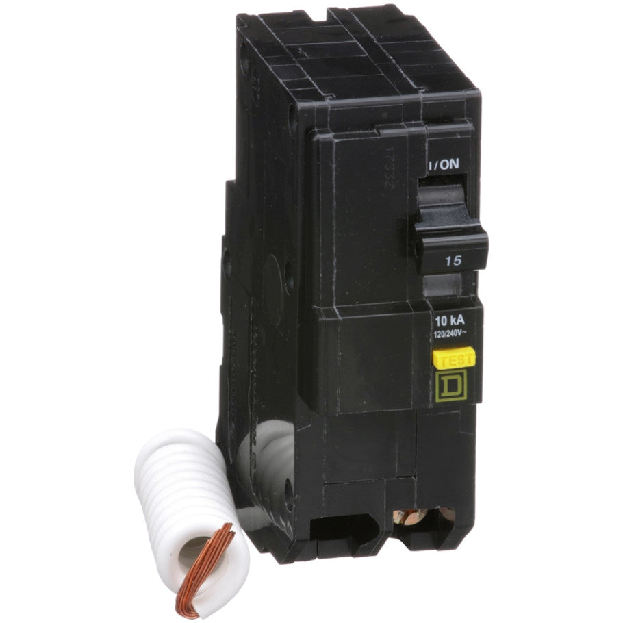 Mini circuit breaker, QO, 15A, 2 pole, 120/240VAC, 10kA, plug in, 6mA grd fault A, pigtail  TAA