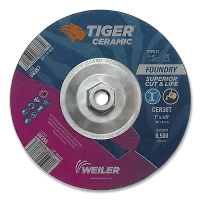 Tiger Grinding Wheel, Combo, 7 in dia x 1/8 in Thick x 5/8 in-11 Arbor, 30 Grit, Ceramic Alumina, Type 27, 10 EA/BX