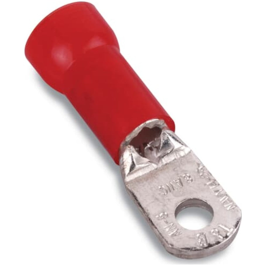 Nylon Insulated Large Ring Terminal, Length 1.48 Inches, Bolt Hole  8, Wire Range 8, Color Red, Copper, Tin Plated