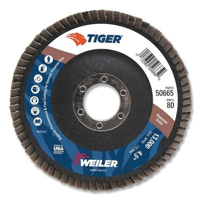 Tiger Disc Abrasive Flap Disc, 4-1/2 in dia, 7/8 in arbor, 80 grit, 13000 RPM