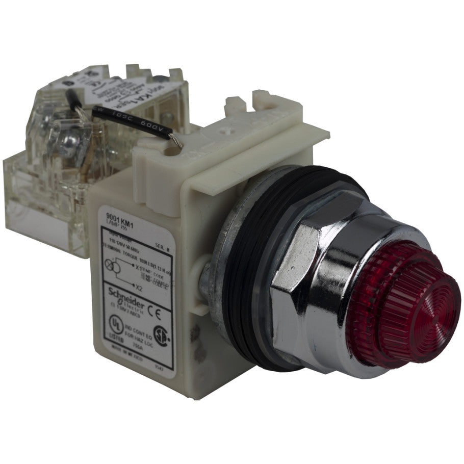 30mm Type K HD Pilot Light, Transformer Style, Push-to-Test, 110/120 Vac, Red