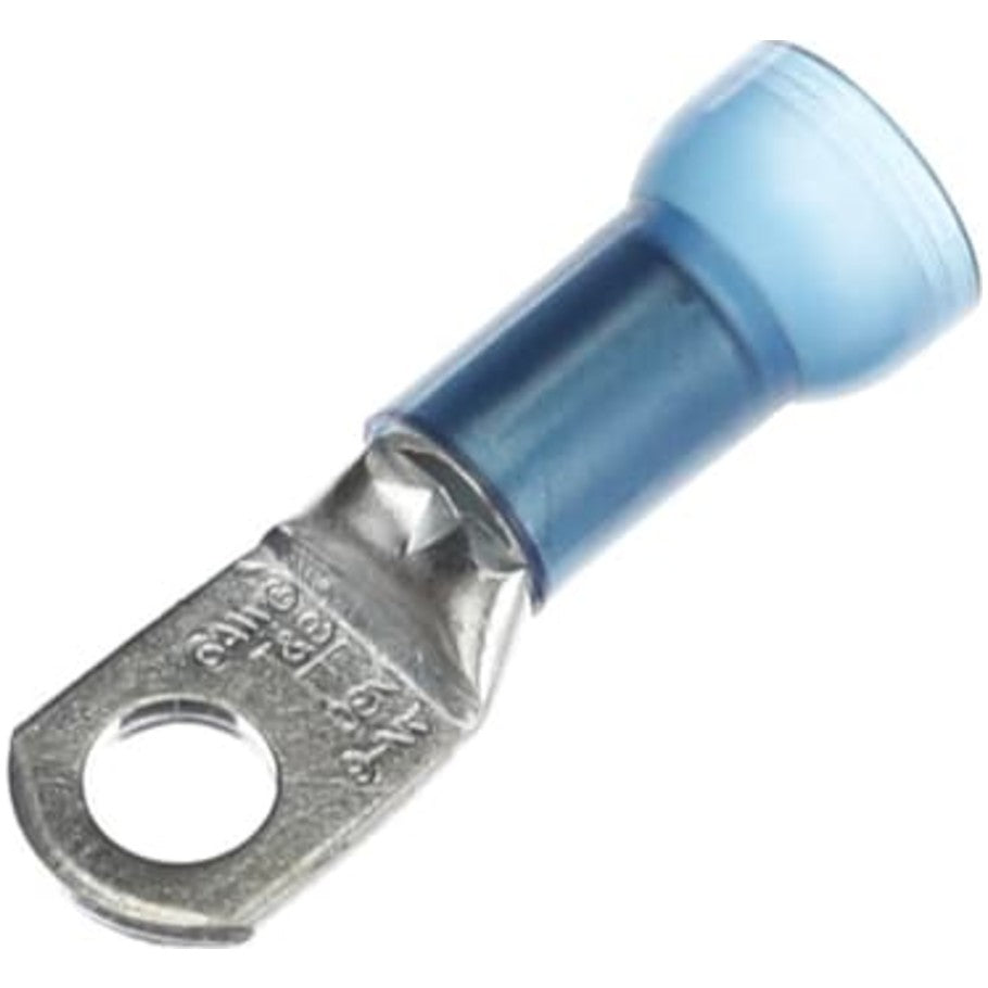 Nylon Insulated Large Ring Terminal, Length 1.65 Inches, Width .49 Inches, Maximum Insulation .420, Bolt Hole 1/4 Inch, Blue