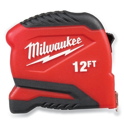 Compact Tape Measure, 12 ft, SAE, Single-Sided, Steel, Red/Black