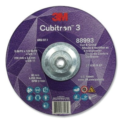 3M 638060-88993 Cubitron 3 Cut and Grind Wheel, 9 in dia x 1/8 in Thick x 5/8 in-11 Arbor, 36+ Grit, T27
