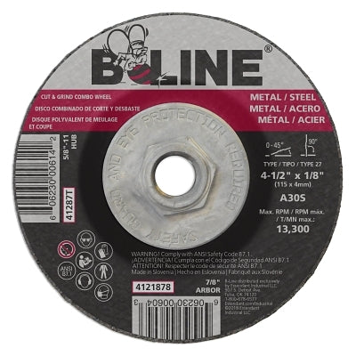 Depressed Center Combo Wheel, 4-1/2 in dia, 1/8 in Thick, 5/8 in-11 Arbor, 30 Grit, Aluminum Oxide