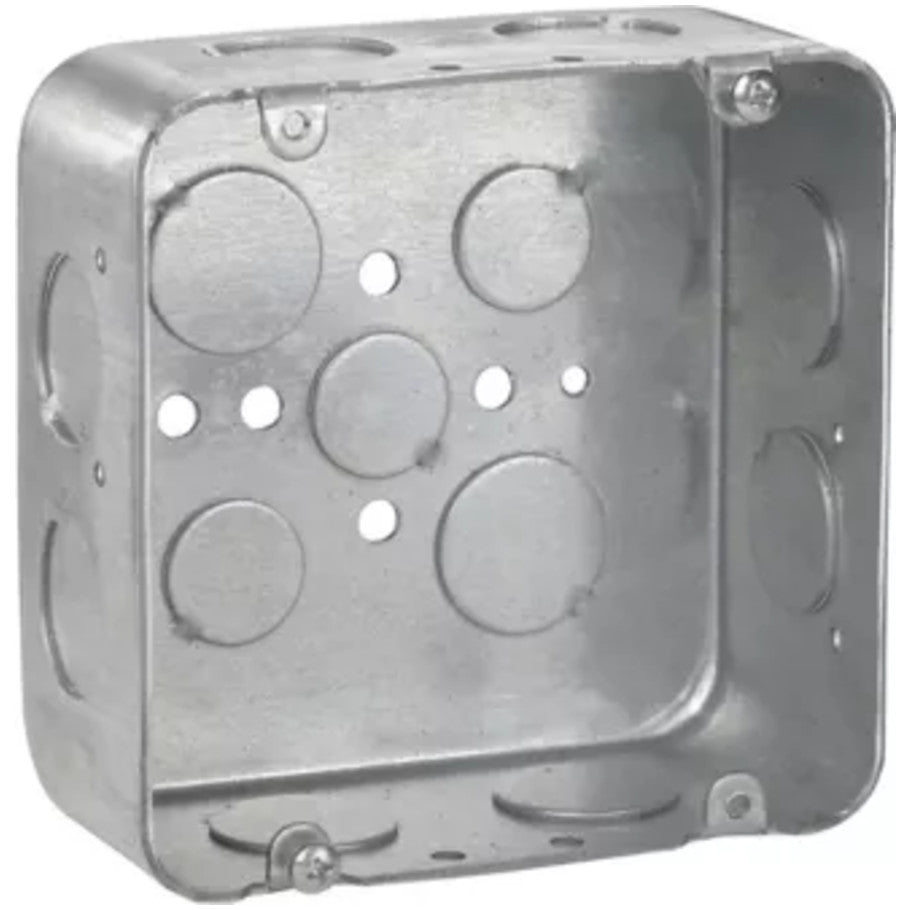 4-11/16 in. Square Box, Steel, Drawn, 2-1/8 in. D, (8) 3/4 in. Side KO, (3) 1/2   (2) 3/4 in. Bottom KO