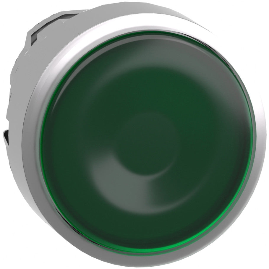 Head for illuminated push button, Harmony XB4, metal, green flush, 22mm, universal LED, spring return, plan lens