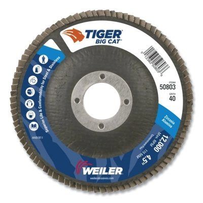 Tiger Big Cat High Density Flap Disc, 4-1/2 in dia, 40 Grit, 7/8 in Arbor, 12000 RPM, Type 27