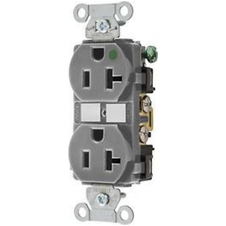 Hubbell-Pro Duplex Receptacle, Hospital Grade, 20A, 125V, 2P3W, Smooth Circuit ID Face, Back and Side Wired, Gray