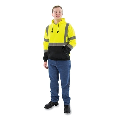 High Visibility Hooded Sweatshirt, Pullover, 100% Polyester, Yellow/Black, X-Large