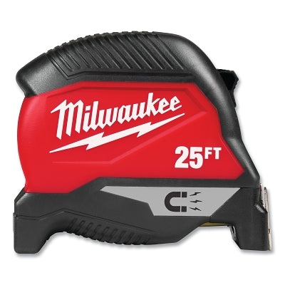 Magnetic Tape Measure, 25 ft, SAE, Double-Sided Printing, Steel Blade, Red/Black