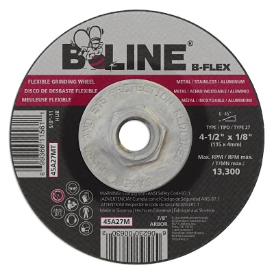 Flexible Depressed Center Wheel, 4-1/2 in dia, 1/8 in Thick, 5/8 in-11 Arbor, 46 Grit, Aluminum Oxide